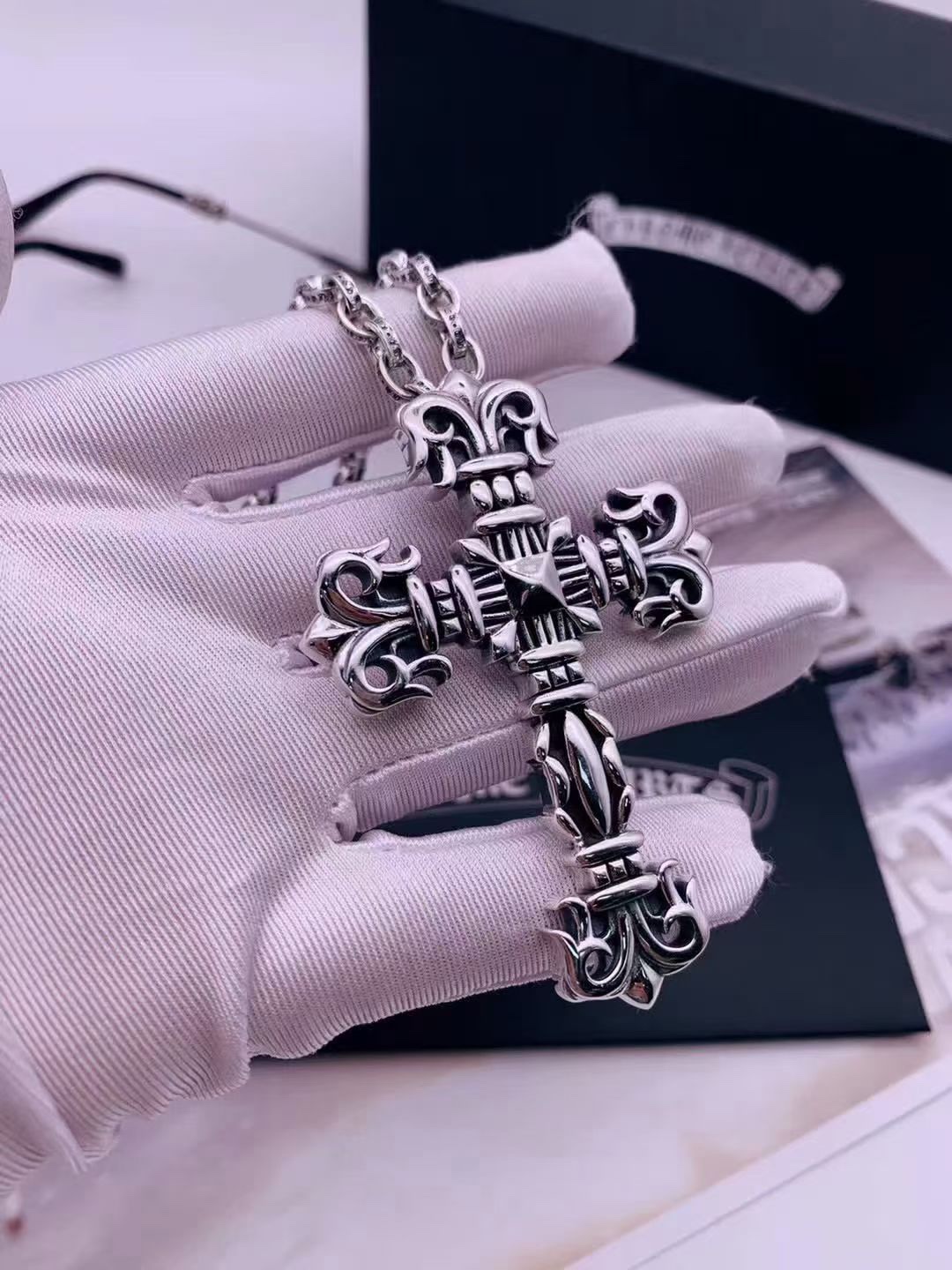 Large Flame Cross Pendant Necklace