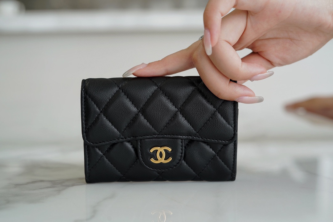 Ch*el clasicflap classic card holder (upgraded version) lambskin black gold