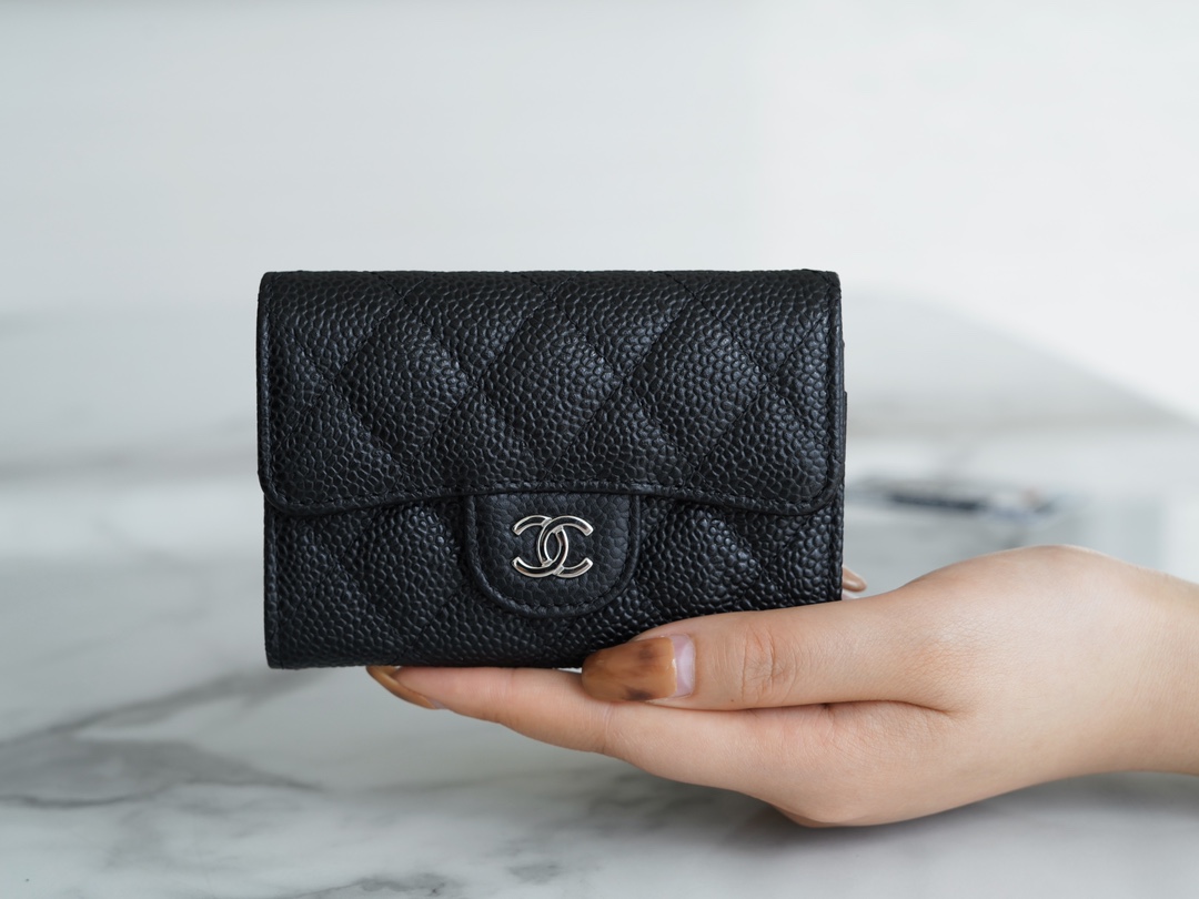 Ch*el classic card bag black silver imported from france origin calfskin