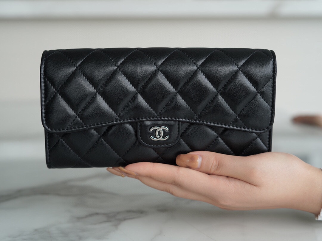 Ch*el classic bifold long clip black sheep silver imported channel custom lambskin