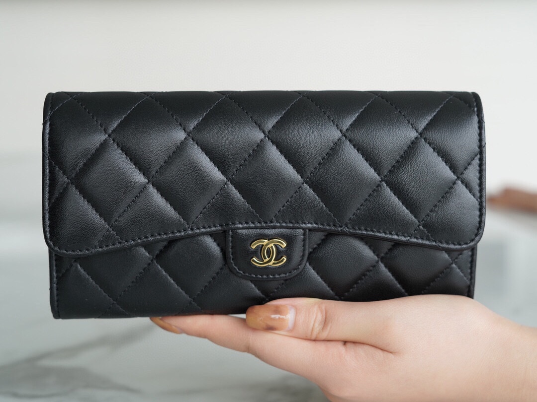 Ch*el classic bifold long clip black sheep gold imported channel custom lambskin