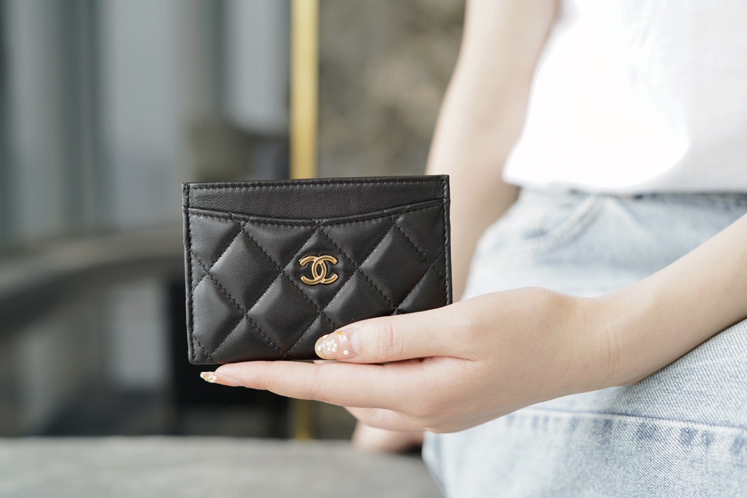 Ch*el classic card holder black sheep gold using imported channels custom lambskin
