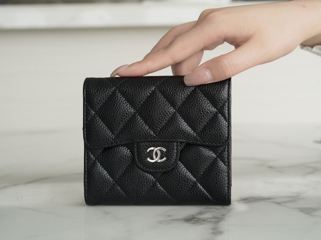Ch*el classic trifold wallet black silver the world’s top leather haas production of caviar calfskin