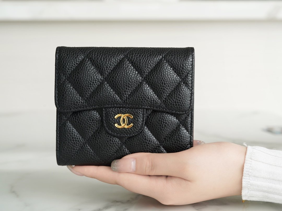 Ch*el classic trifold wallet black gold france imported hass origin calfskin