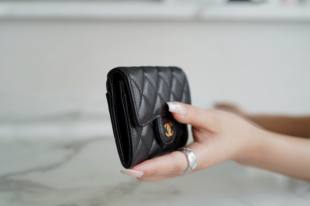 Ch*el clasicflap classic card holder (upgraded version) lambskin black gold