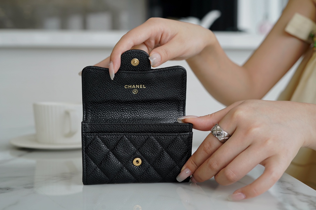 Ch*el clasicflap classic card holder (upgraded version) black and gold