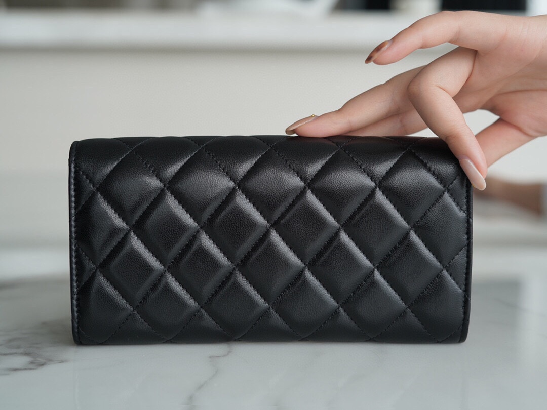 Ch*el classic bifold long clip black sheep silver imported channel custom lambskin