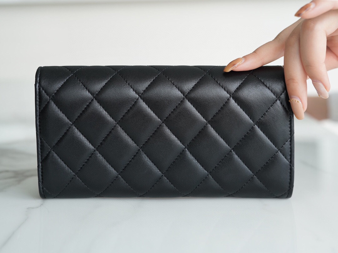 Ch*el classic bifold long clip black sheep gold imported channel custom lambskin