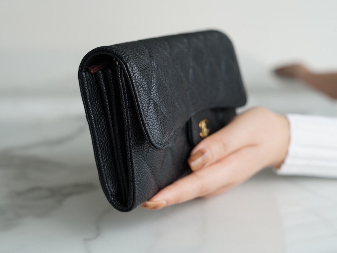 Ch*el classic bifold long clip black cow gold imported channels custom calfskin