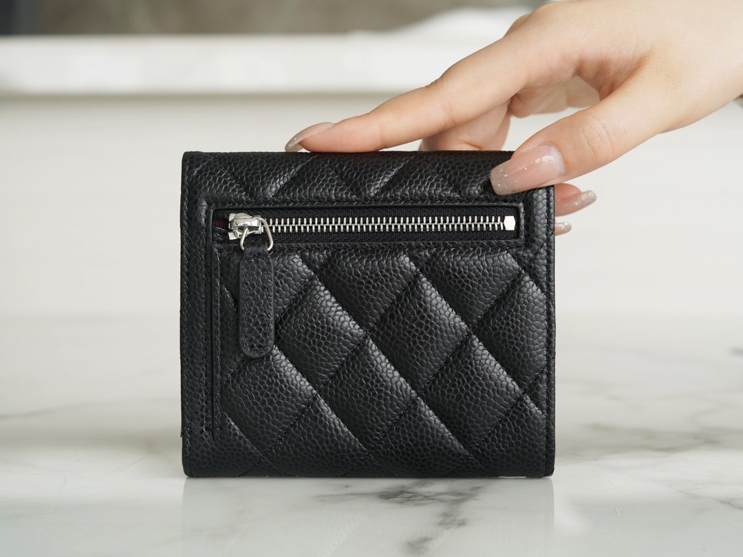 Ch*el classic trifold wallet black silver the world’s top leather haas production of caviar calfskin