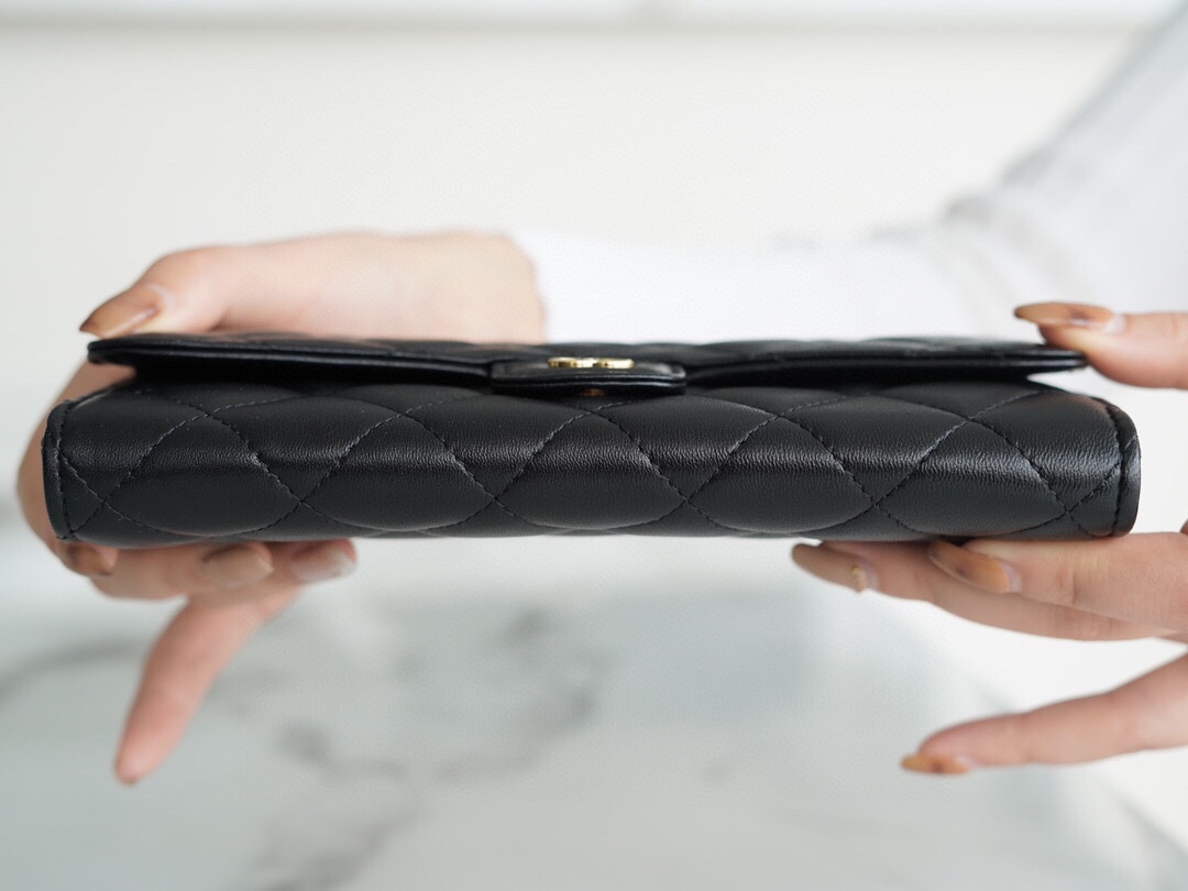 Ch*el classic bifold long clip black sheep gold imported channel custom lambskin