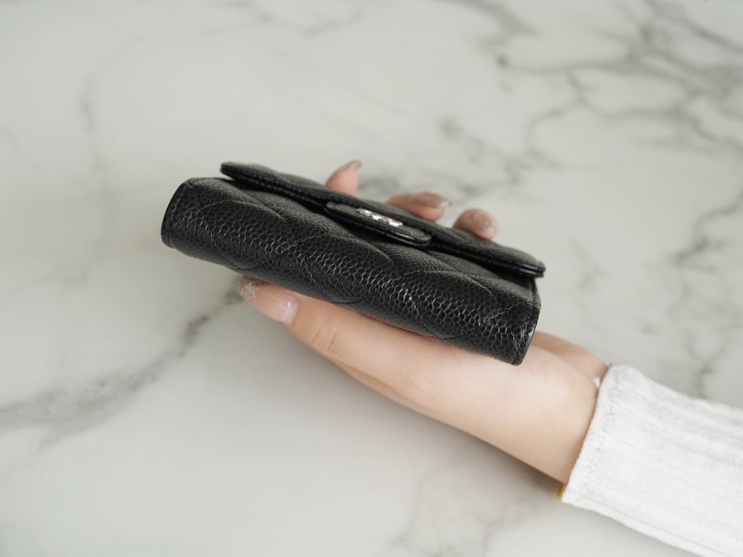 Ch*el classic trifold wallet black silver the world’s top leather haas production of caviar calfskin