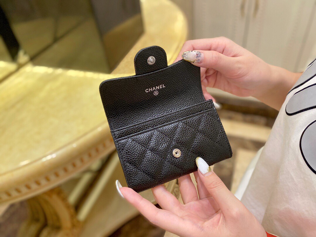 Ch*el clasic flap classic card bag black silver using french imports of hass origin calfskin