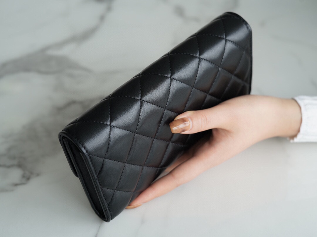 Ch*el classic bifold long clip black sheep silver imported channel custom lambskin