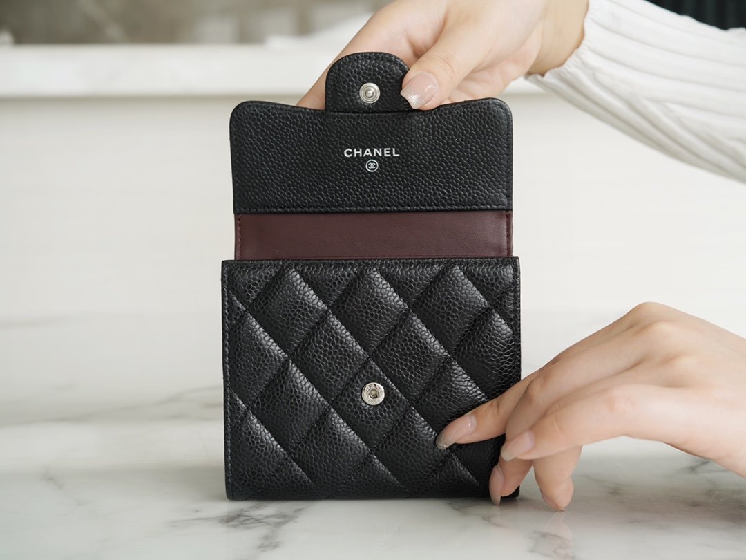 Ch*el classic trifold wallet black silver the world’s top leather haas production of caviar calfskin