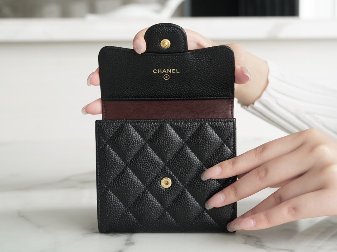 Ch*el classic trifold wallet black gold france imported hass origin calfskin