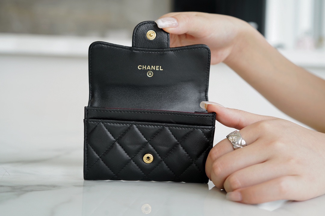 Ch*el clasicflap classic card holder (upgraded version) lambskin black gold