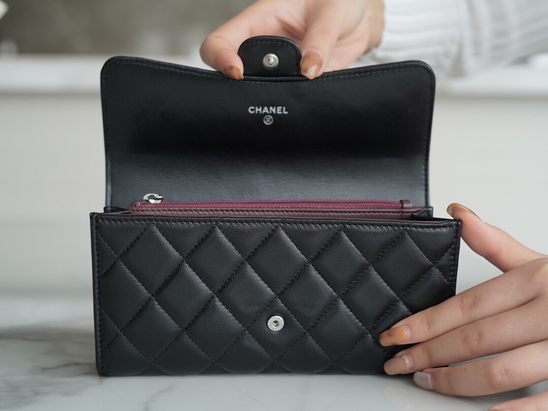 Ch*el classic bifold long clip black sheep silver imported channel custom lambskin