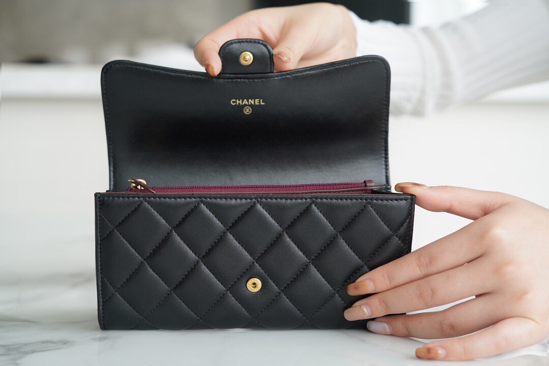 Ch*el classic bifold long clip black sheep gold imported channel custom lambskin