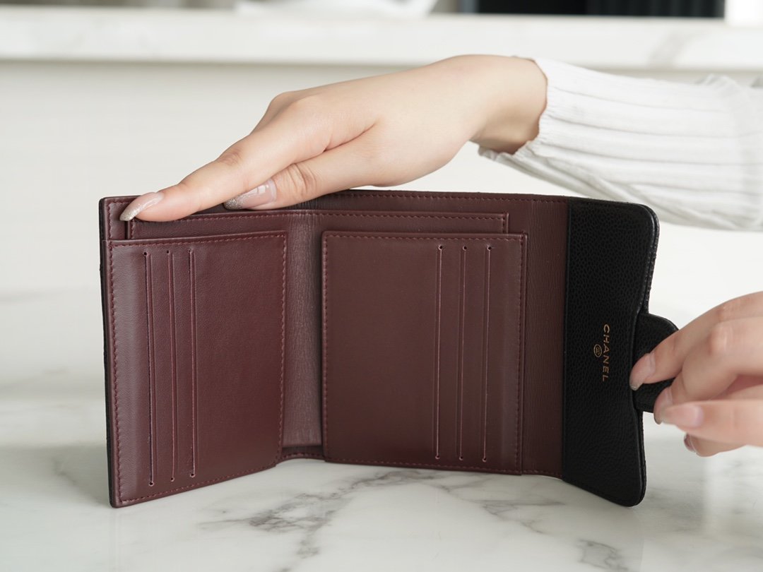 Ch*el classic trifold wallet black gold france imported hass origin calfskin