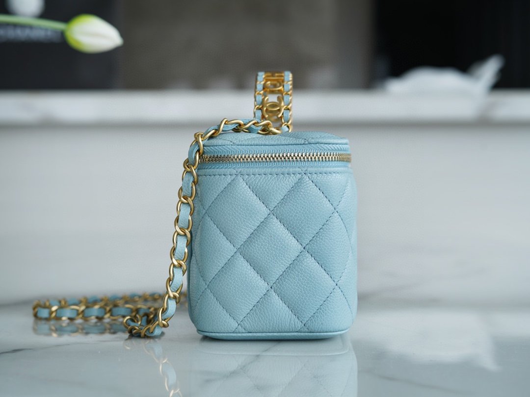 Ch*el spring and summer hollow handle long box sky blue classic diamond and leather wear handheld