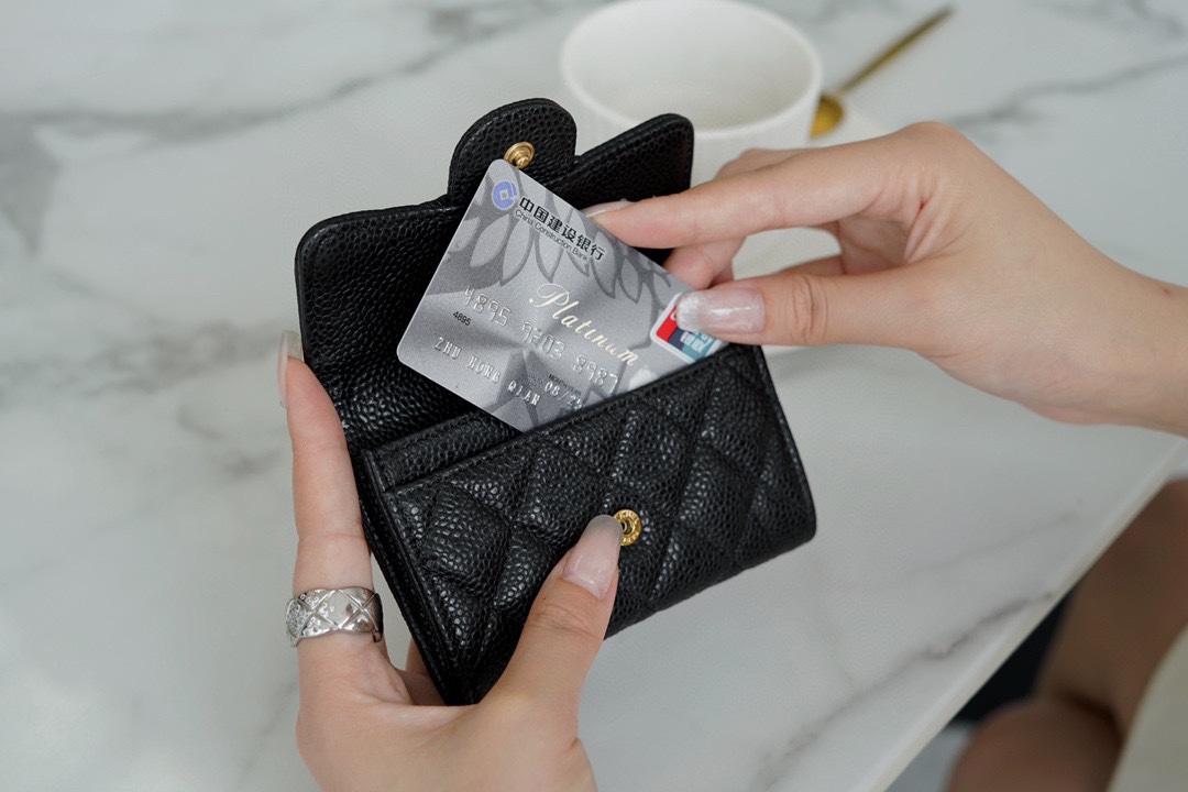 Ch*el clasicflap classic card holder (upgraded version) black and gold