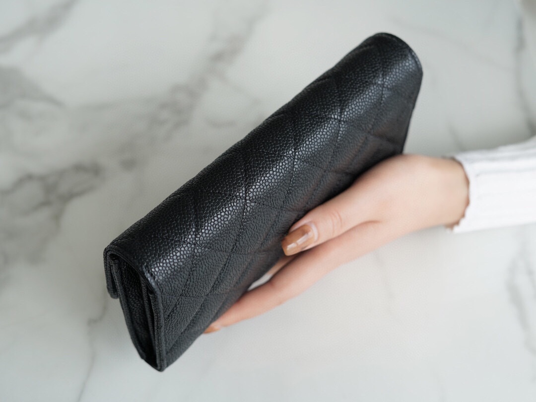 Ch*el classic bifold long clip black cow gold imported channels custom calfskin
