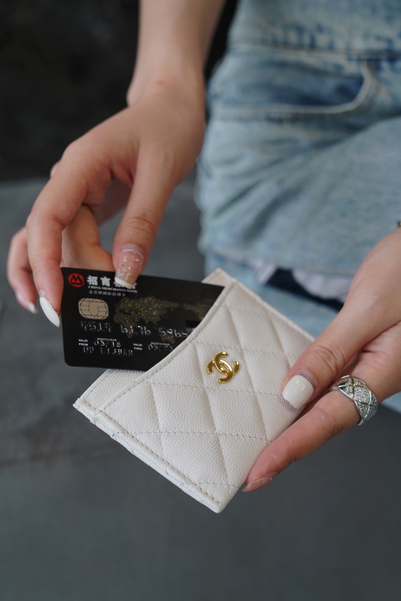 Ch*el classic card holder white cowhide imported channel custom calfskin