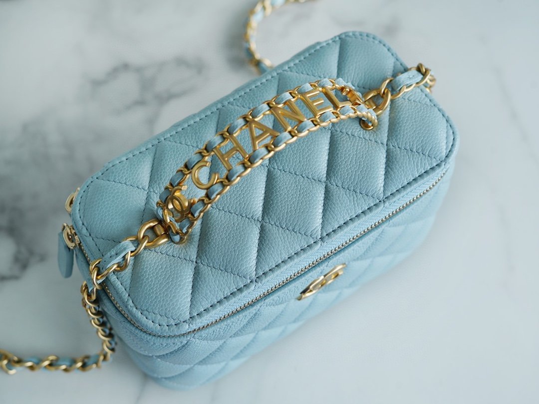 Ch*el spring and summer hollow handle long box sky blue classic diamond and leather wear handheld
