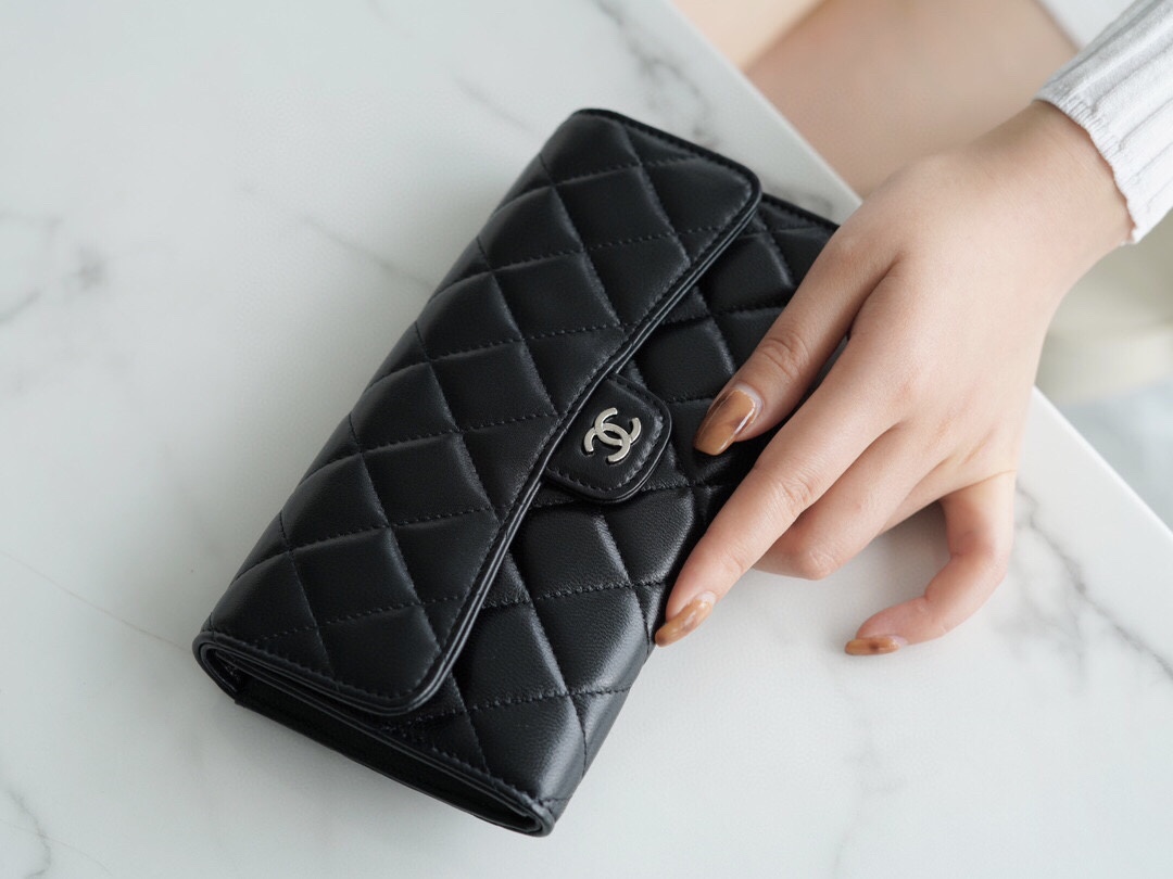 Ch*el classic bifold long clip black sheep silver imported channel custom lambskin