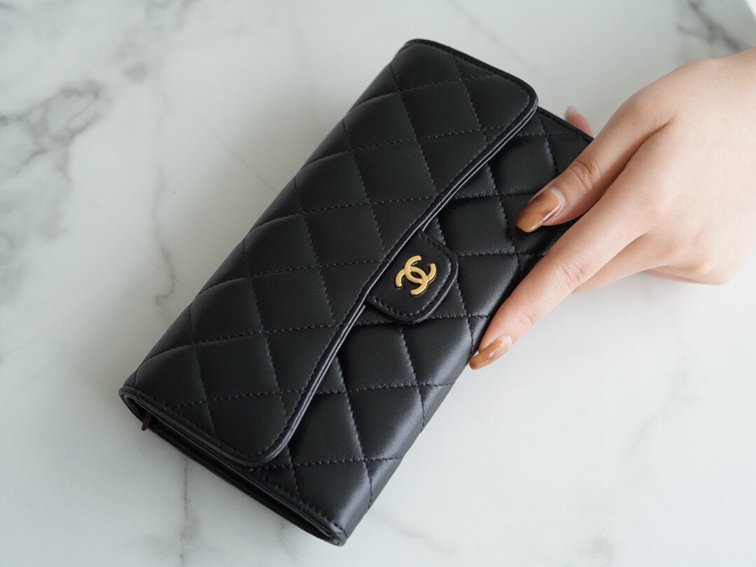 Ch*el classic bifold long clip black sheep gold imported channel custom lambskin