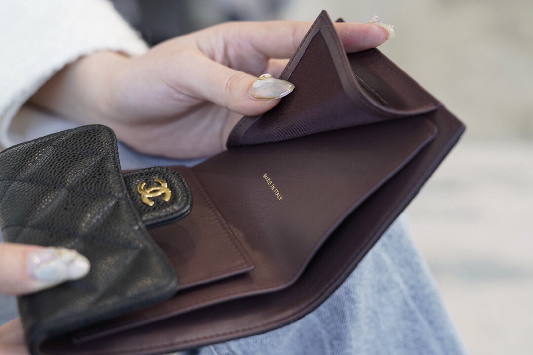 Ch*el classic trifold short clip black cow gold import channel custom calfskin