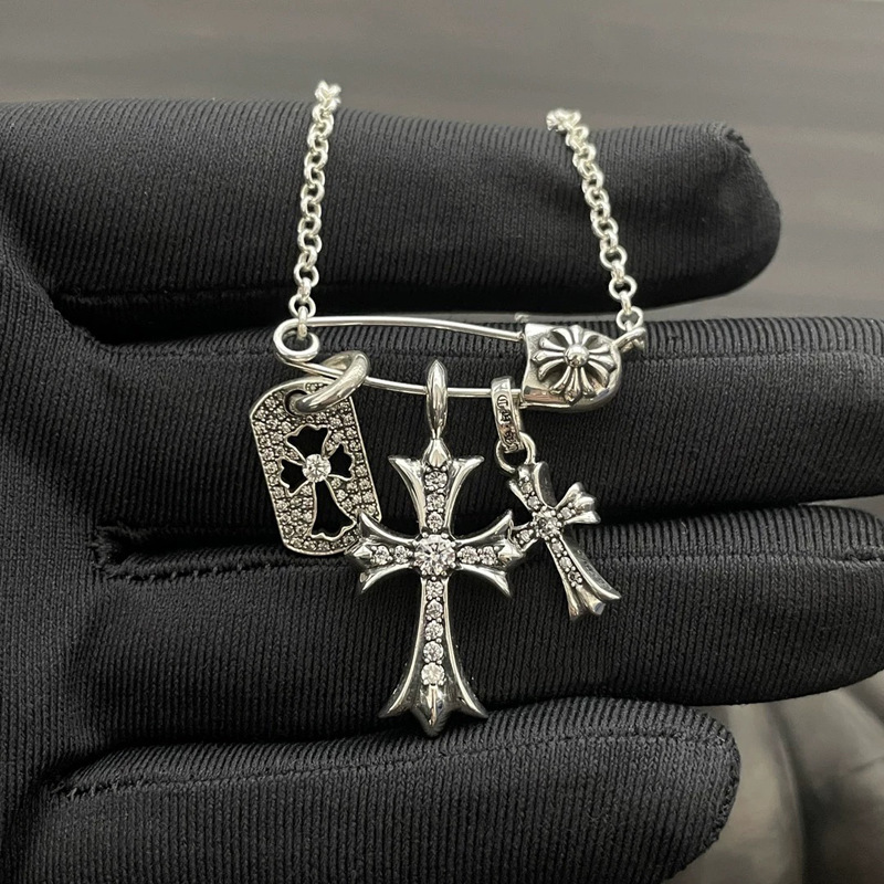 Full Diamond Cross Necklace Three-element Pendant Necklace