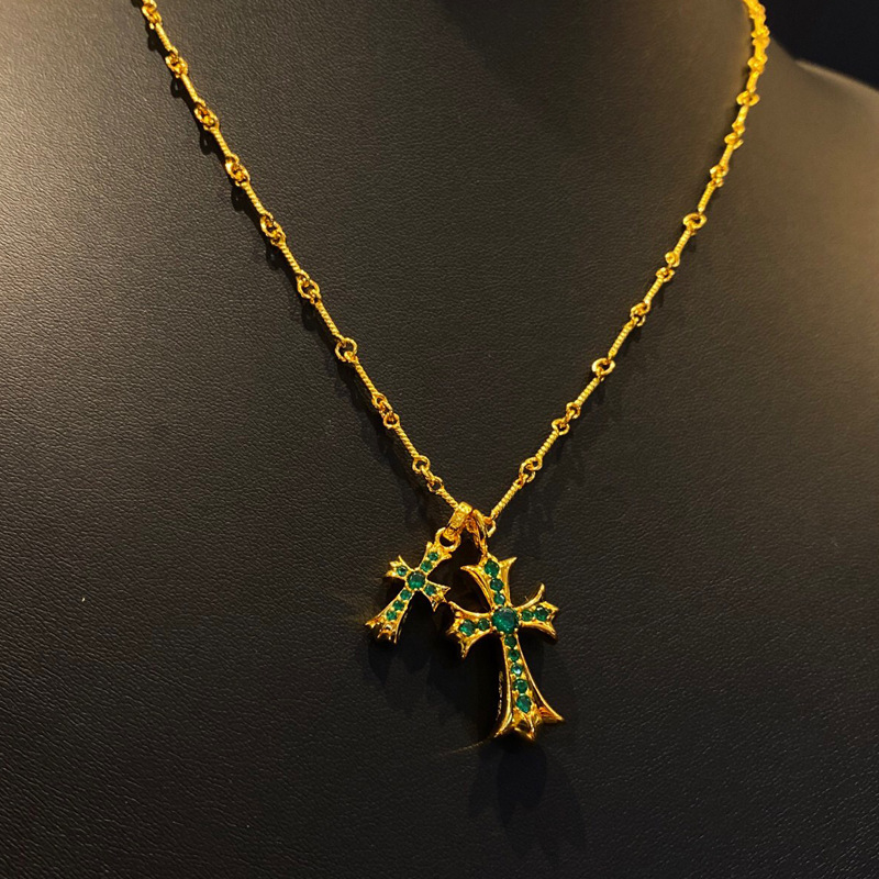 22k Double Cross Green Diamond Necklace
