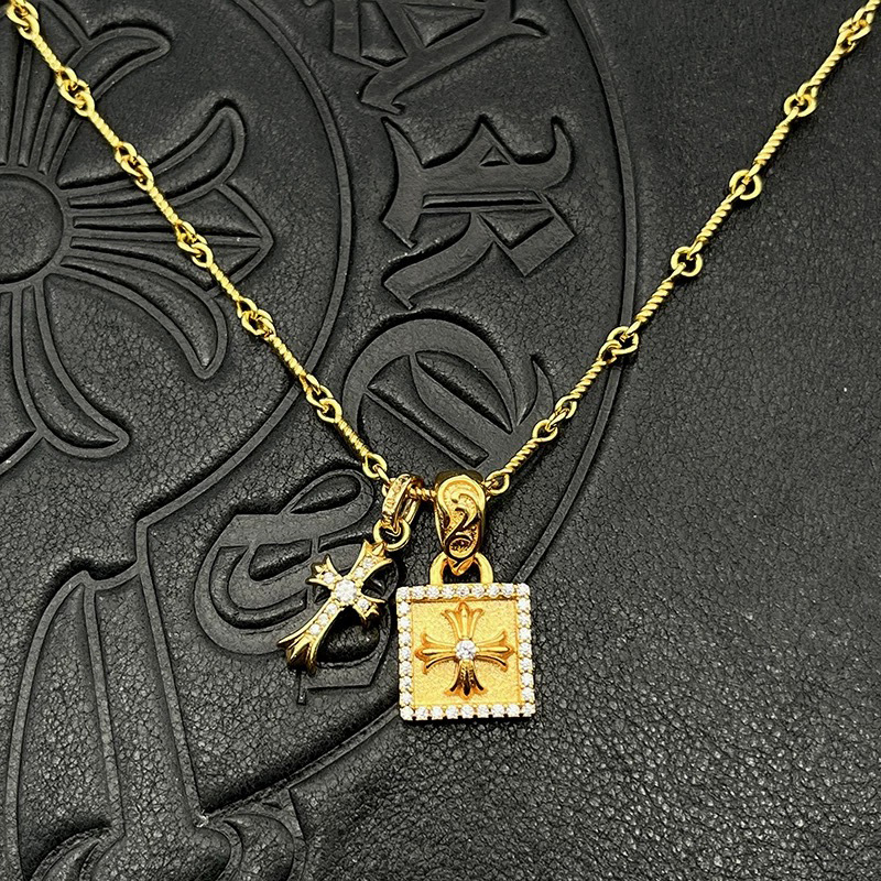 22K Gold Full Diamond square Cross Flower Necklace
